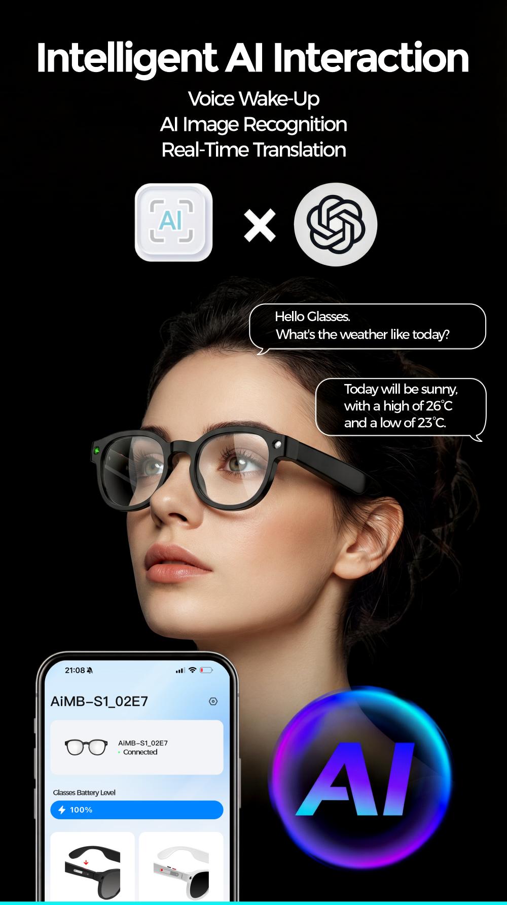 SightFlow Smart AI Camera Glasses, 8MP Photochromic UV-Protection Lenses, 160+ Languages Real-Time Translation, Bluetooth Audio, Hands-Free Photo & Video Capture, Button Touch Control, for Travel Outdoor Daily Use, Compatible with iOS & Android