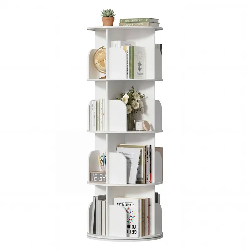 Estantería esquinera giratoria de 360° con 3/4/5 niveles, ideal para organizar y ahorrar espacio en dormitorio o sala.
