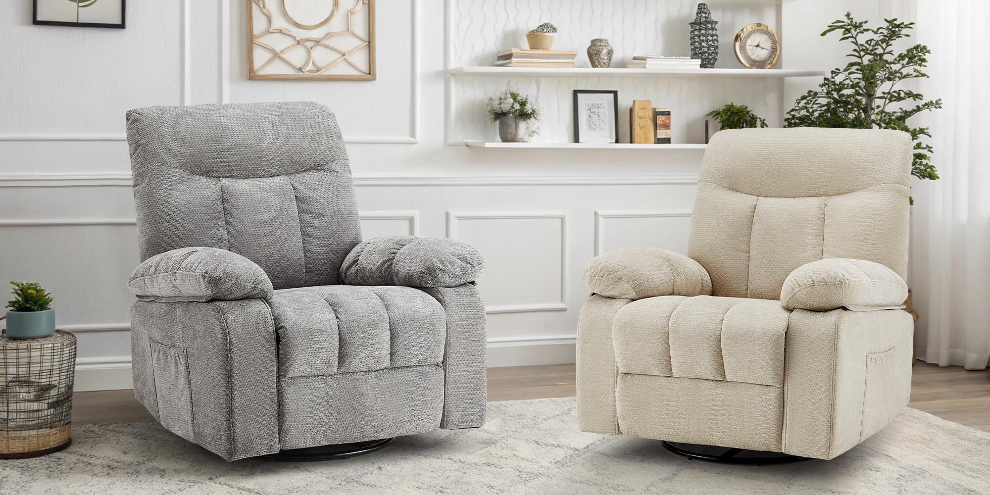 DUMOS Rocker Recliner Chair, Swivel Recliner with Vibration Massage & Lumbar Heating, 270&deg; Rotating Chenille Fabric Recliner with footrest for Living Room & Bedroom
