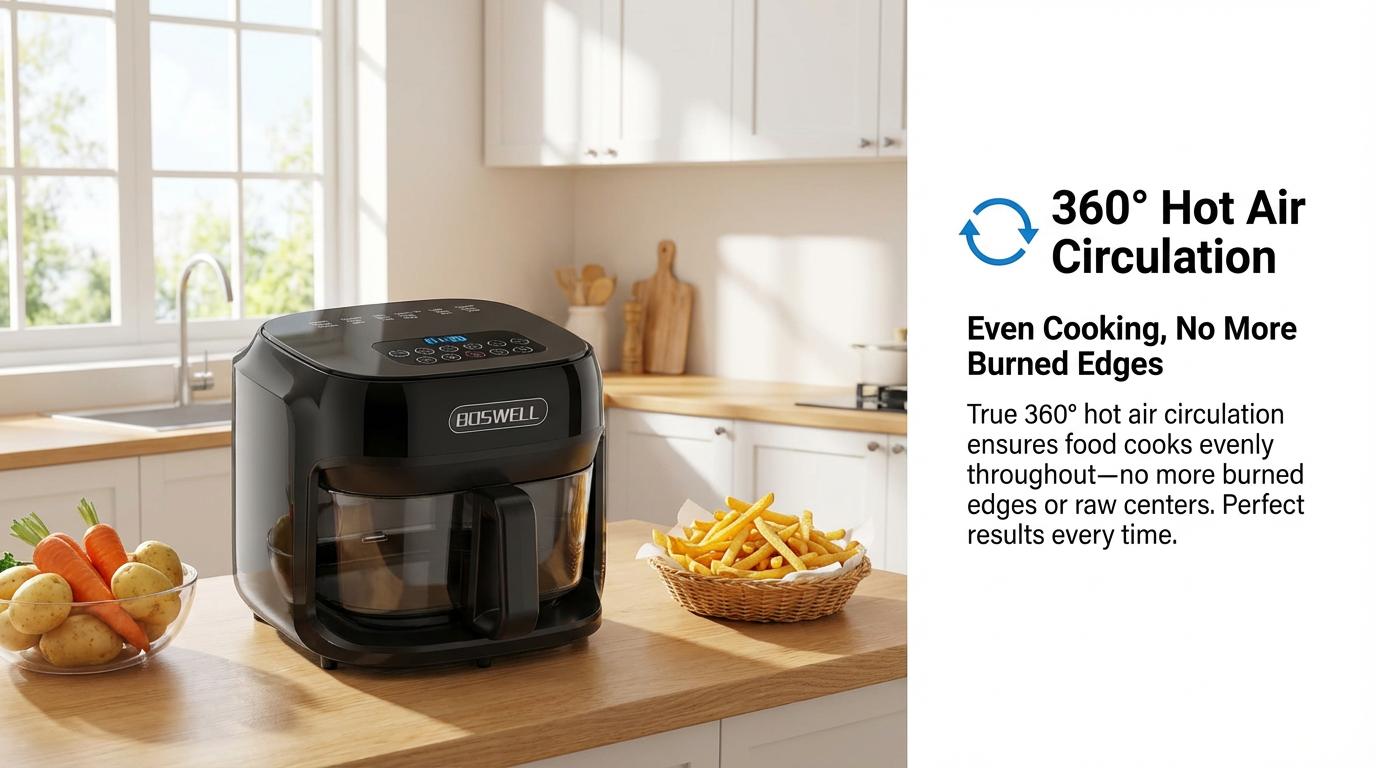 BOSWELL 7.5QT Glass Air Fryer with Transparent Bowl &ndash; 5-in-1 Rapid Heating, Fits a Whole Chicken, Oil-Free & Healthy Crispy Results, Dishwasher-Safe, A Perfect  Gift for Family or Couples