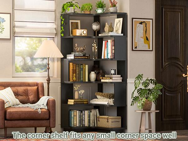 Corner Wooden Bookshelf, Freestanding L-Shaped Bookcase with Baffle, Sturdy Display Shelf Stand Furniture with Shelves for Home Office,Living Room, Bedroom