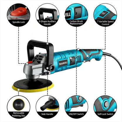 【SummerVibes】Pulidora-Enceradora Rotativa de 1600 W y 7 Pulgadas — 7 Velocidades Variables (500-3300 RPM) — Mango Desmontable — Kit de Herramientas en Maletín para Lijado, Pulido y Encerado de Automóviles y Embarcaciones