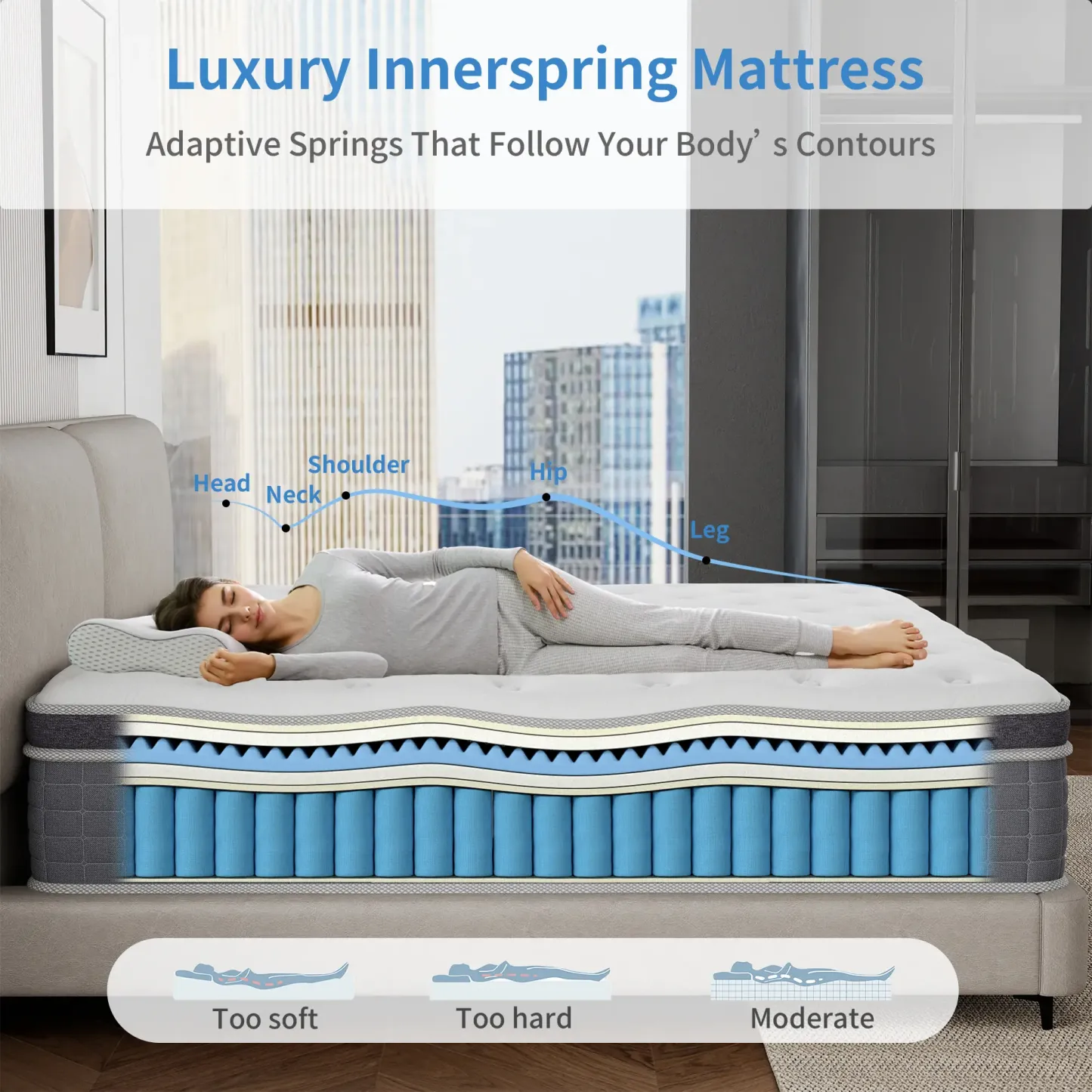 Colchón Híbrido de 12" o 14" para Twin, Full, Queen y King, Espuma Viscoelástica con Resortes Ensacados, Firmeza Media, Soporte por Zonas, Suave y Cómodo, Alivio de Presión, Certificado CertiPUR-US, Empacado al Vacío en Caja