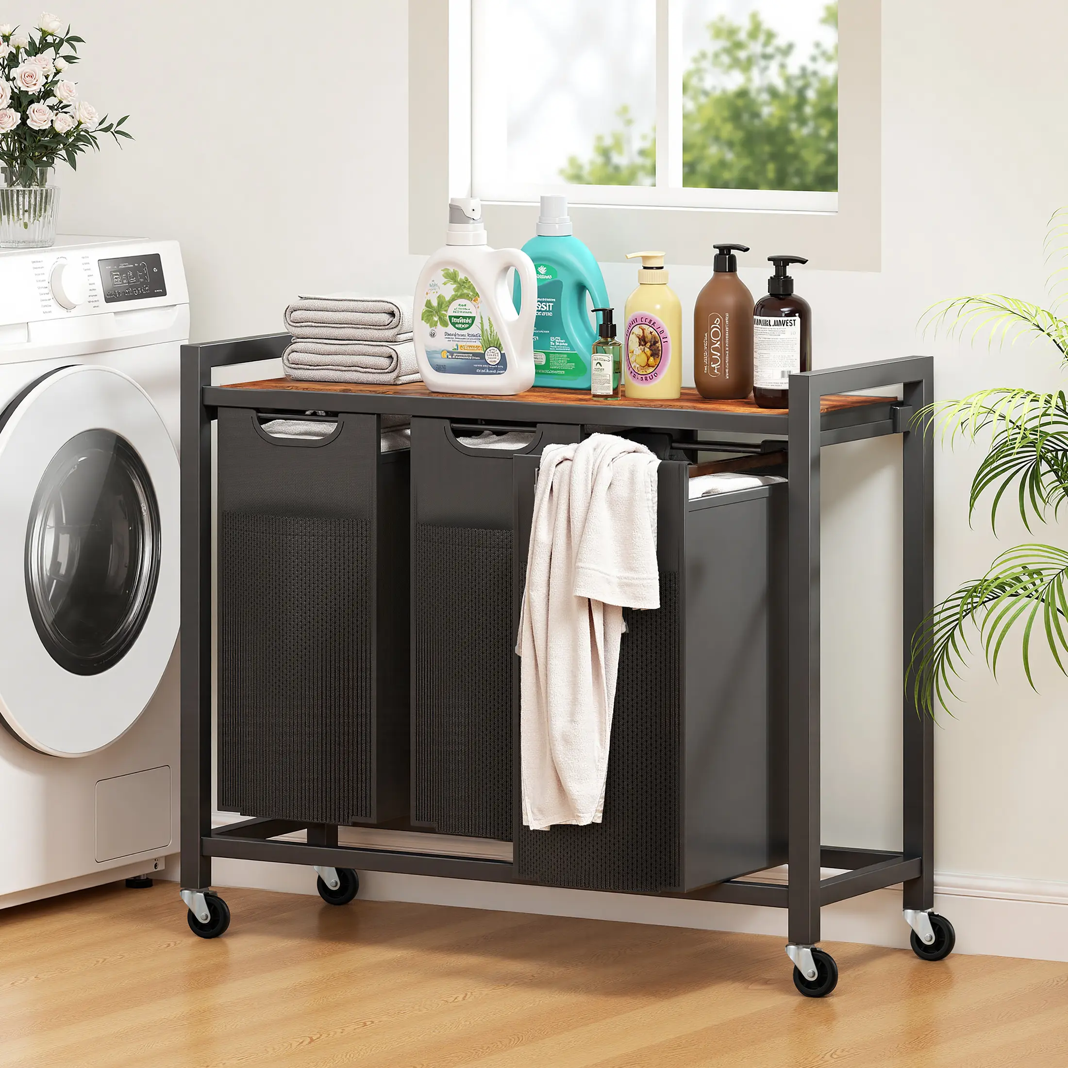 Cesto de ropa rodante con bolsa extraíble, organizador de ropa independiente con ruedas para dormitorio y baño.