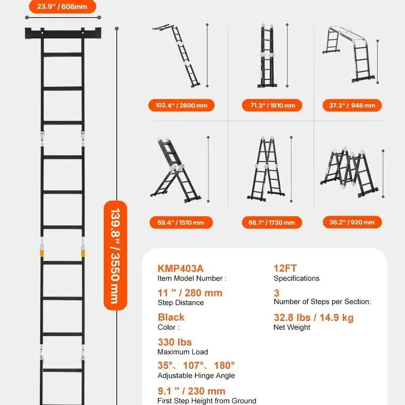 Escalera plegable multiusos, escalera extensible alta 7 en 1, escalera telescópica de 5 peldaños con estructura en A, escalera ajustable de alta resistencia con alcance de 5,8 m (19 pies), capacidad de 150 kg (330 lbs) para uso doméstico y exterior.