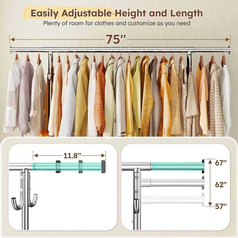 【Summervibes】Raybee Perchero Reforzado de 75" (Extra Ancho) — Capacidad de 450 lb, con 4 Ganchos y Ruedas con Bloqueo — Perchero Metálico para Dormitorio, Lavadero y Uso Comercial