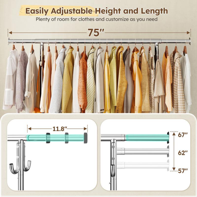 【Summervibes】Raybee Perchero Reforzado de 75" (Extra Ancho) — Capacidad de 450 lb, con 4 Ganchos y Ruedas con Bloqueo — Perchero Metálico para Dormitorio, Lavadero y Uso Comercial