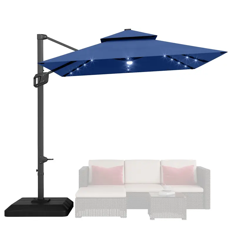 Sombrilla de patio cuadrada y resistente de 10 pies (3 metros) con diseño voladizo de dos niveles, estructura de aluminio, luces LED solares, rotación de 360° y base lastrada; ideal para sombra en jardines, terrazas y piscinas.