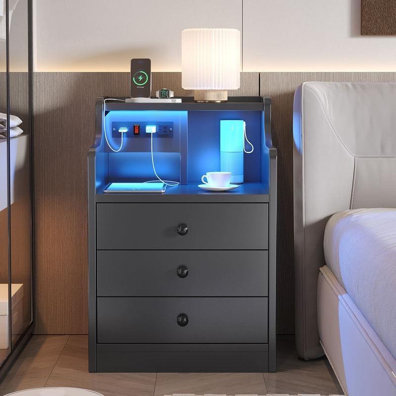 Mesita de noche con luz LED, cajones, estación de carga y diseño moderno para el hogar.