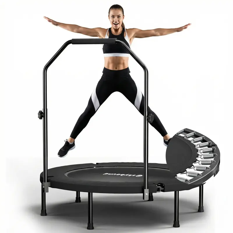 Mini trampolín plegable (soporta hasta 600 lb), Rebounder de fitness de 40 pulgadas con resortes y cuerdas elásticas, con barra de agarre en forma de U ajustable; equipo de ejercicio estable y silencioso para uso en interiores y exteriores, ideal para gim