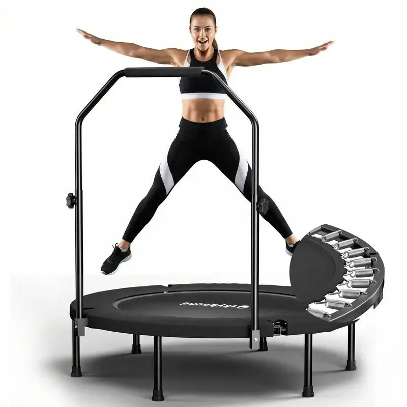 Mini trampolín plegable (soporta hasta 600 lb), Rebounder de fitness de 40 pulgadas con resortes y cuerdas elásticas, con barra de agarre en forma de U ajustable; equipo de ejercicio estable y silencioso para uso en interiores y exteriores, ideal para gim