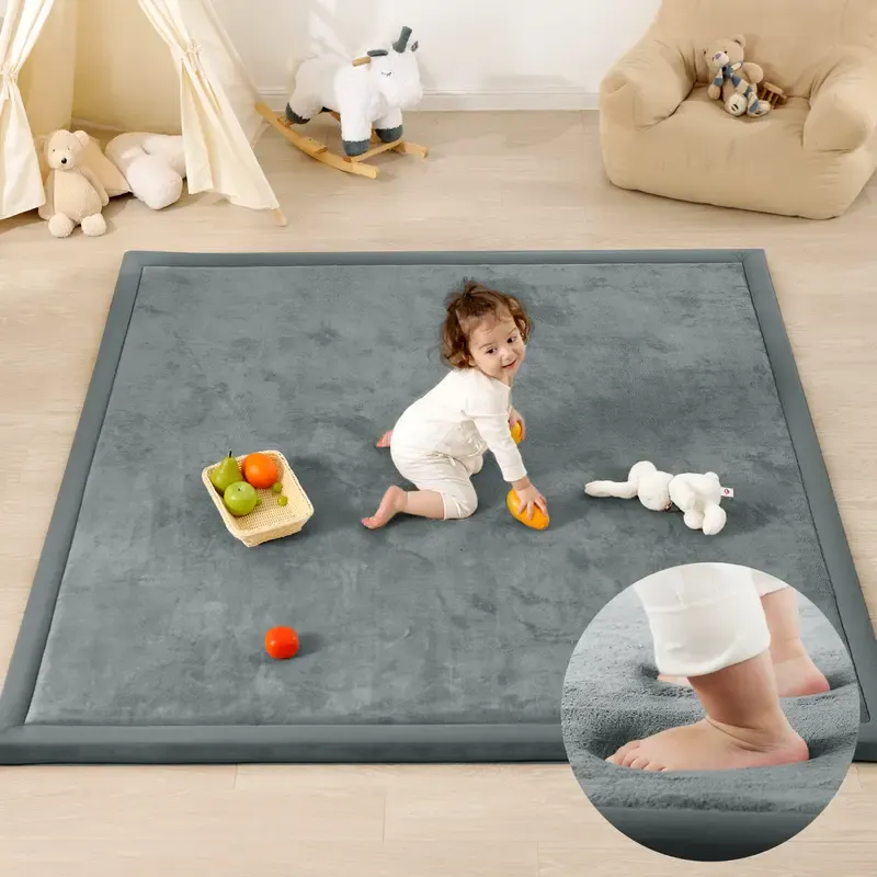 Alfombra de juegos para bebés (1,5 pulgadas de grosor): alfombra de espuma viscoelástica con superficie de franela/forro polar coral mejorada, extra suave y antideslizante, de 79 x 59 pulgadas, ideal para el gateo de bebés y niños pequeños.