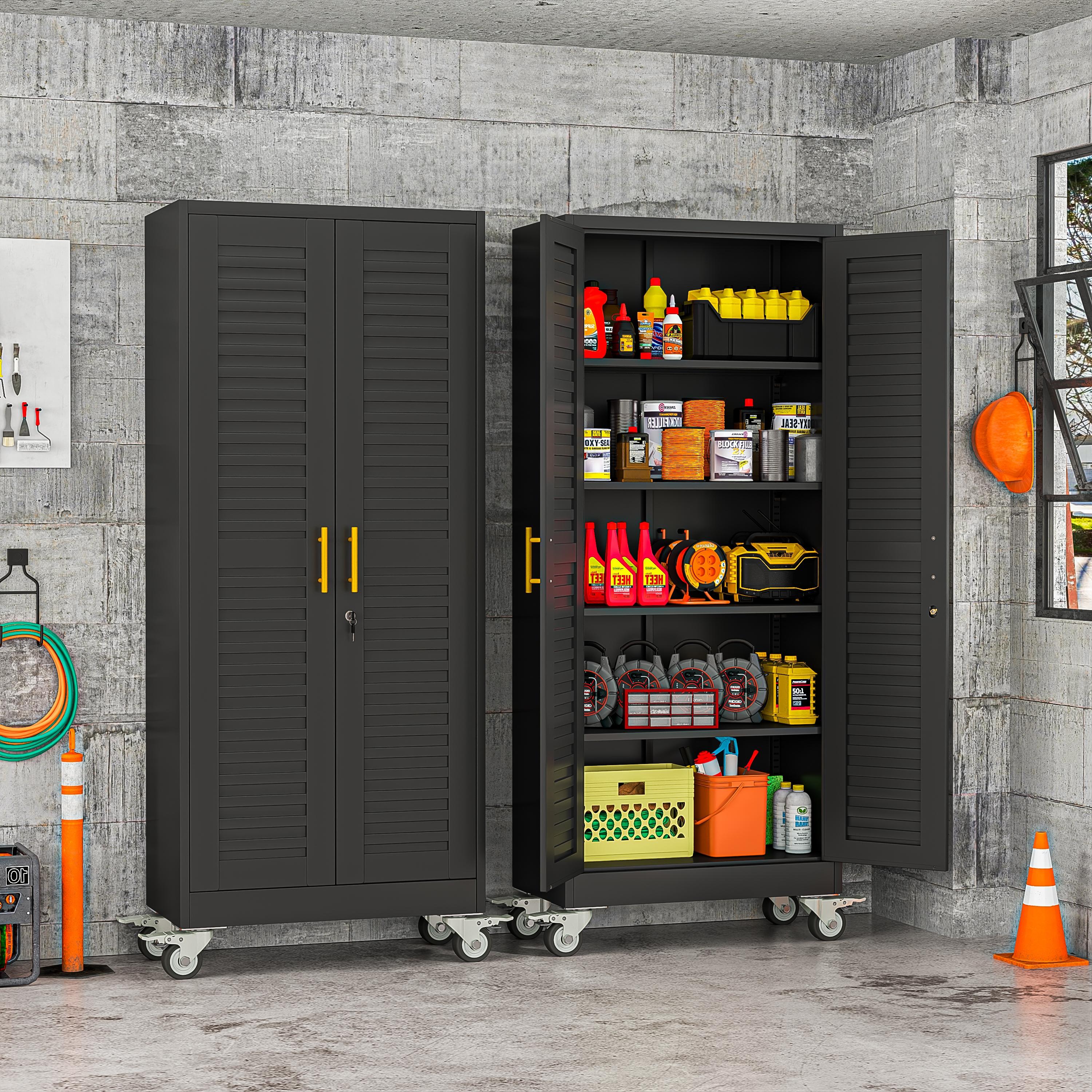 Rolling Metal Storage Cabinet with Wheels, 71.2" Tall Steel Locking Tool Cabinet with 4 Adjustable Shelves for Garage, Home & Office