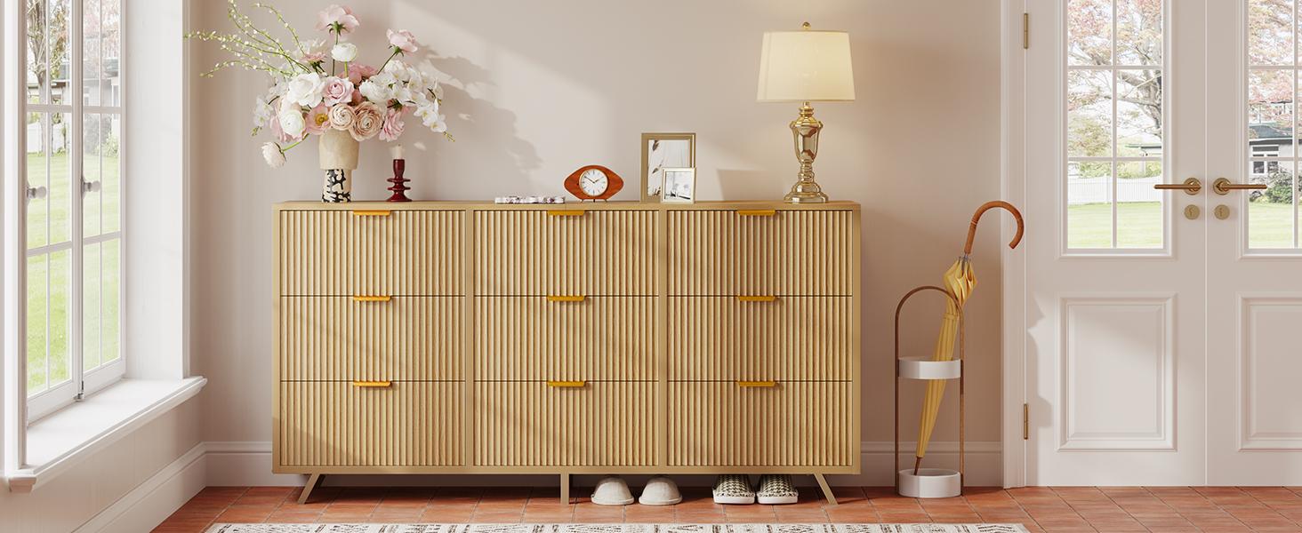 【Deals For You】9 Fabric Drawer Dresser for Bedroom, 57" Fluted Wooden Chest with Fabric Drawers, Modern Media Console & TV Stand for 35/45/55 Inch TV, Large Storage Organizer Cabinet with Reinforced Base