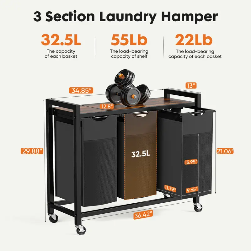 Cesto de ropa rodante con bolsa extraíble, organizador de ropa independiente con ruedas para dormitorio y baño.
