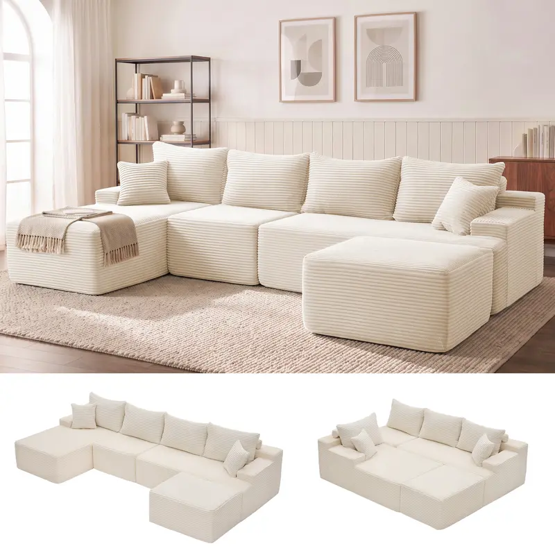 Sofá cama seccional en forma de U de 118 pulgadas con 2 cojines, sofá modular extragrande de 6 plazas, cómodo sofá de pana estilo "nube" con asientos profundos, sofá mullido y acogedor para sala de estar, no requiere montaje.