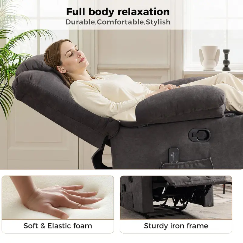 Sillón reclinable manual con masaje y calor, sillón de tela con portavasos y bolsillos de almacenamiento, cómodo y transpirable para la sala de estar