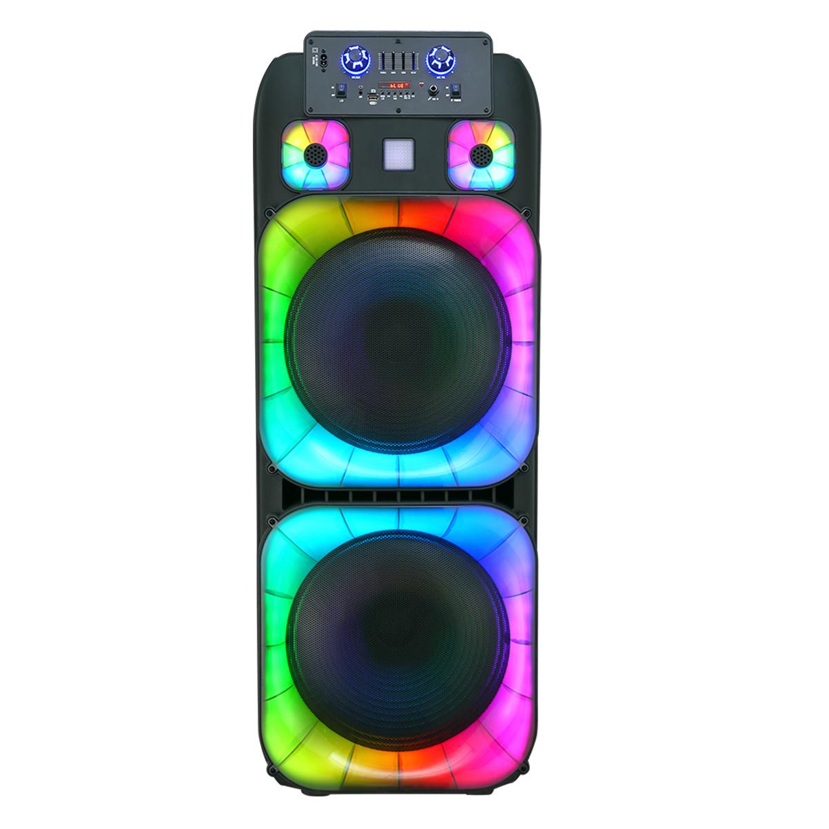 Portable Bluetooth PA Speaker System High Power Dual 15" Speakers Wireless Rechargeable Two Wireless Micrphone Remote Control Colorful LED Party Light Stereo Audio SoundBox DJ