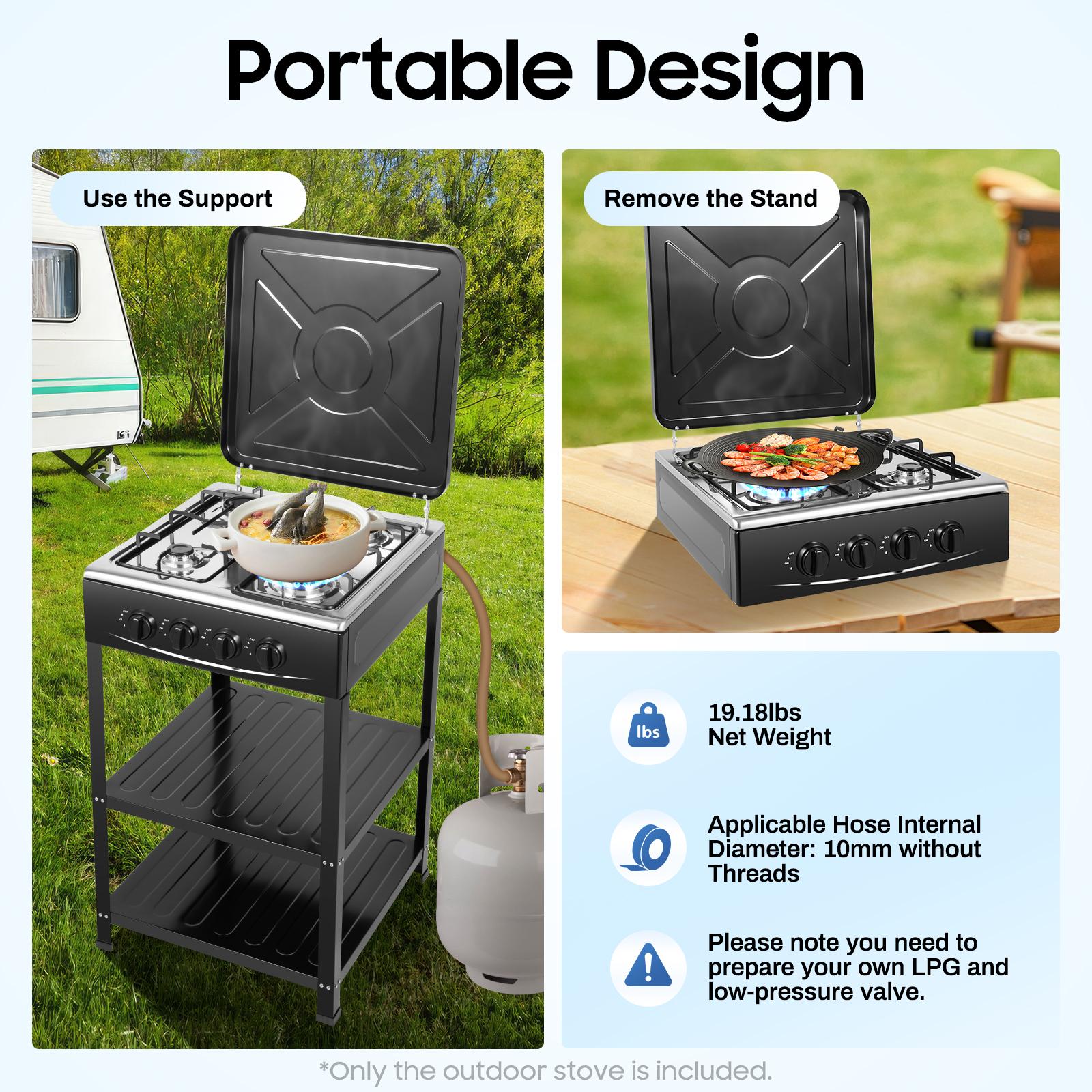 4 Burner Freestanding Gas Stove NG LPG Outdoor Camping Portable Cooktop with 4 Knobs Manual Ignition for RV Travel Emergency Preparedness Family Use