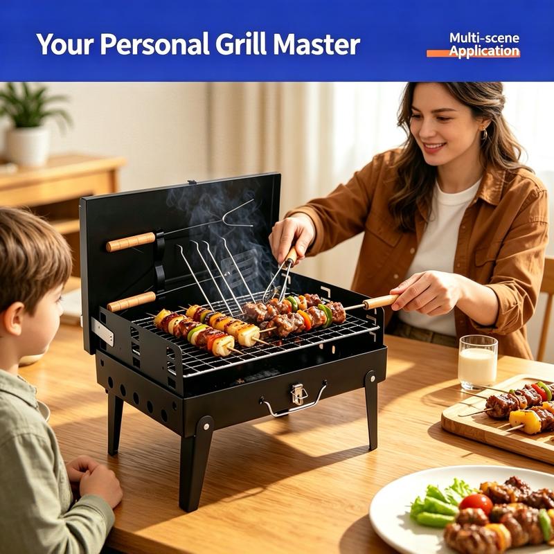 Parrilla de carbón portátil plegable con asas de madera, ideal para camping, patio y cocina al aire libre.