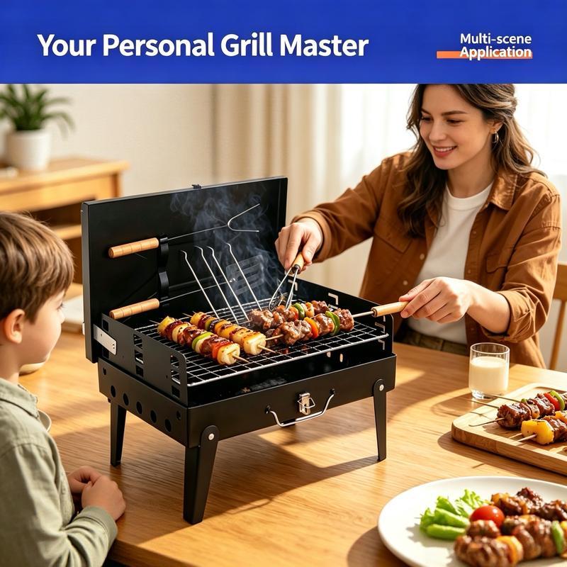 Parrilla de carbón portátil plegable con asas de madera, ideal para camping, patio y cocina al aire libre.