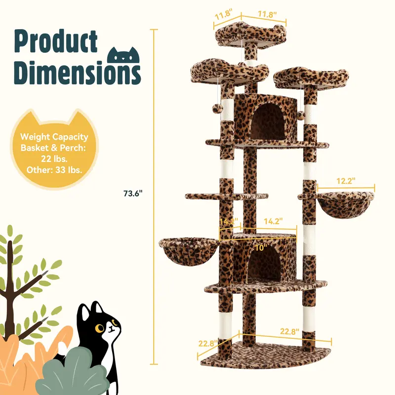 Árbol para Gatos de 73 Pulgadas, Torre Multinivel en Esquina con Casitas, Plataformas, Cestas y Rascadores de Sisal, Ahorra Espacio y es Ideal para Interiores