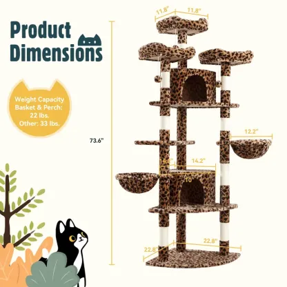 Árbol para Gatos de 73 Pulgadas, Torre Multinivel en Esquina con Casitas, Plataformas, Cestas y Rascadores de Sisal, Ahorra Espacio y es Ideal para Interiores