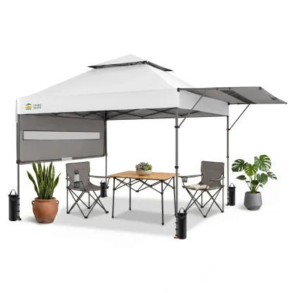 Carpa Plegable Instantánea de 10x10 FT para Exterior, Toldo Comercial con Bloqueo Central, Tela Impermeable 150D con Protección UV, Techo Extensible, Bolsas de Peso, Estacas y Bolsa de Transporte con Ruedas