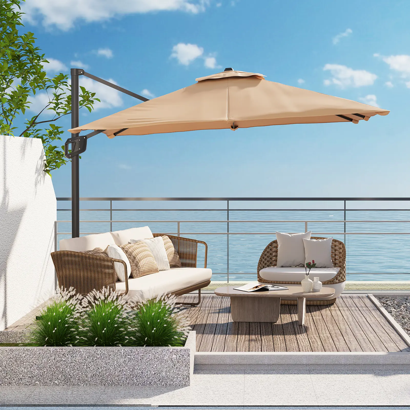 [Copy]10FT Heavy Duty 2-Tier Square Offset Cantilever Patio Umbrella, Solar LED Lights Aluminum Umbrella with 360° Rotation & Weighted Base, Outdoor Shade for Backyard Deck Pool