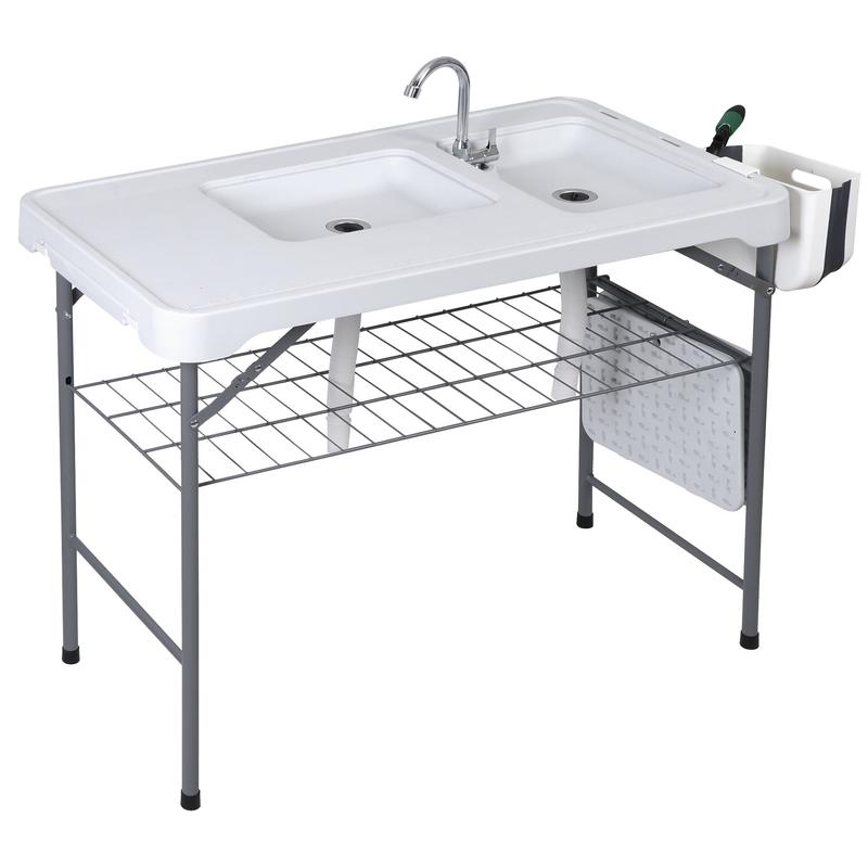 Estación de preparación multiusos para exteriores «Todo en 1» — Mesa ligera, portátil y plegable (PE y acero) con patas abatibles, doble fregadero, grifo y rejilla de soporte. Capacidad de carga de 660 lb. Ideal para la limpieza de pescado, barbacoas y ca