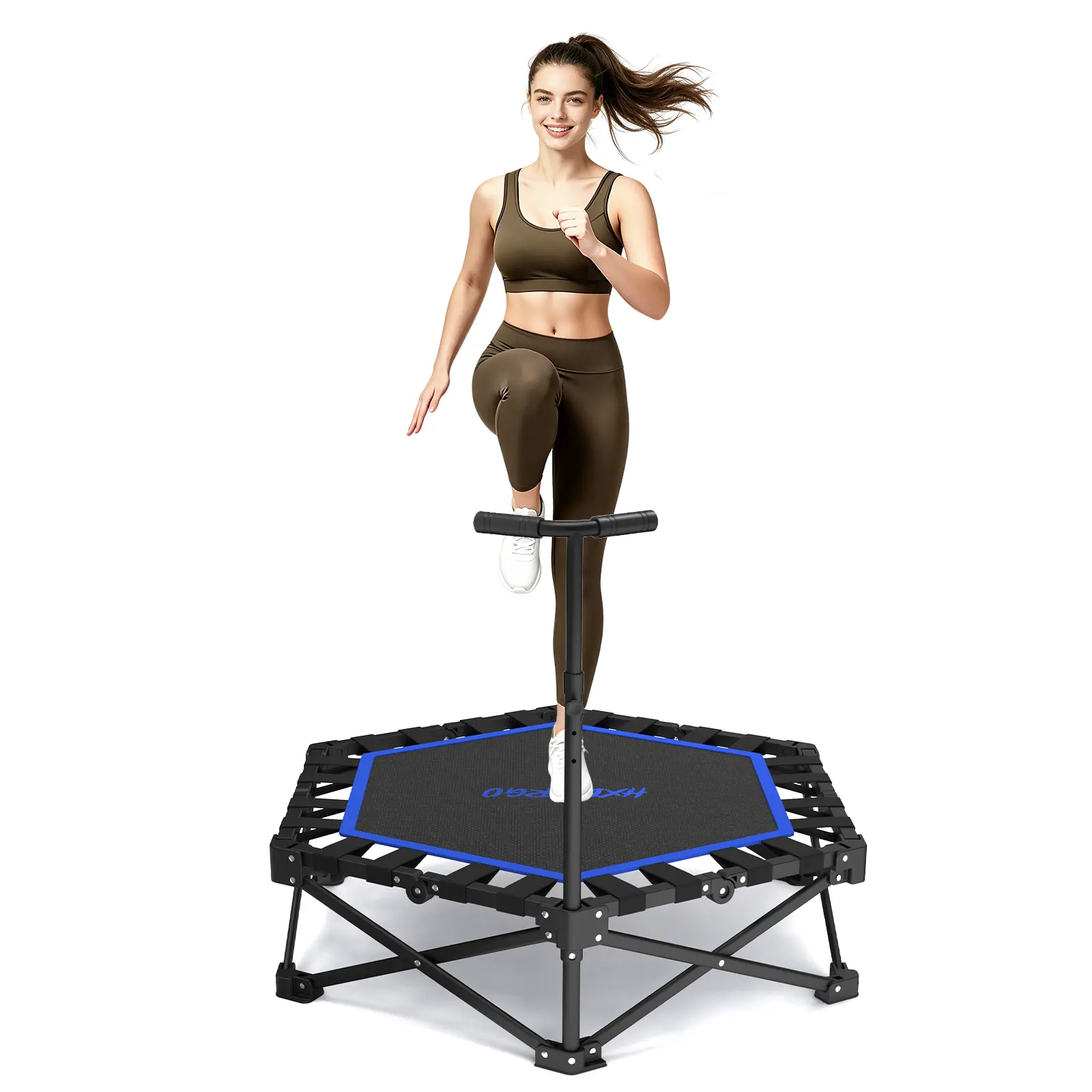 Minitrampolín para adultos con barra de sujeción y empuñadura de espuma ajustable; equipo de gimnasio en casa plegable con capacidad de carga máxima de 460 libras (aprox. 208 kg) y fácil montaje.