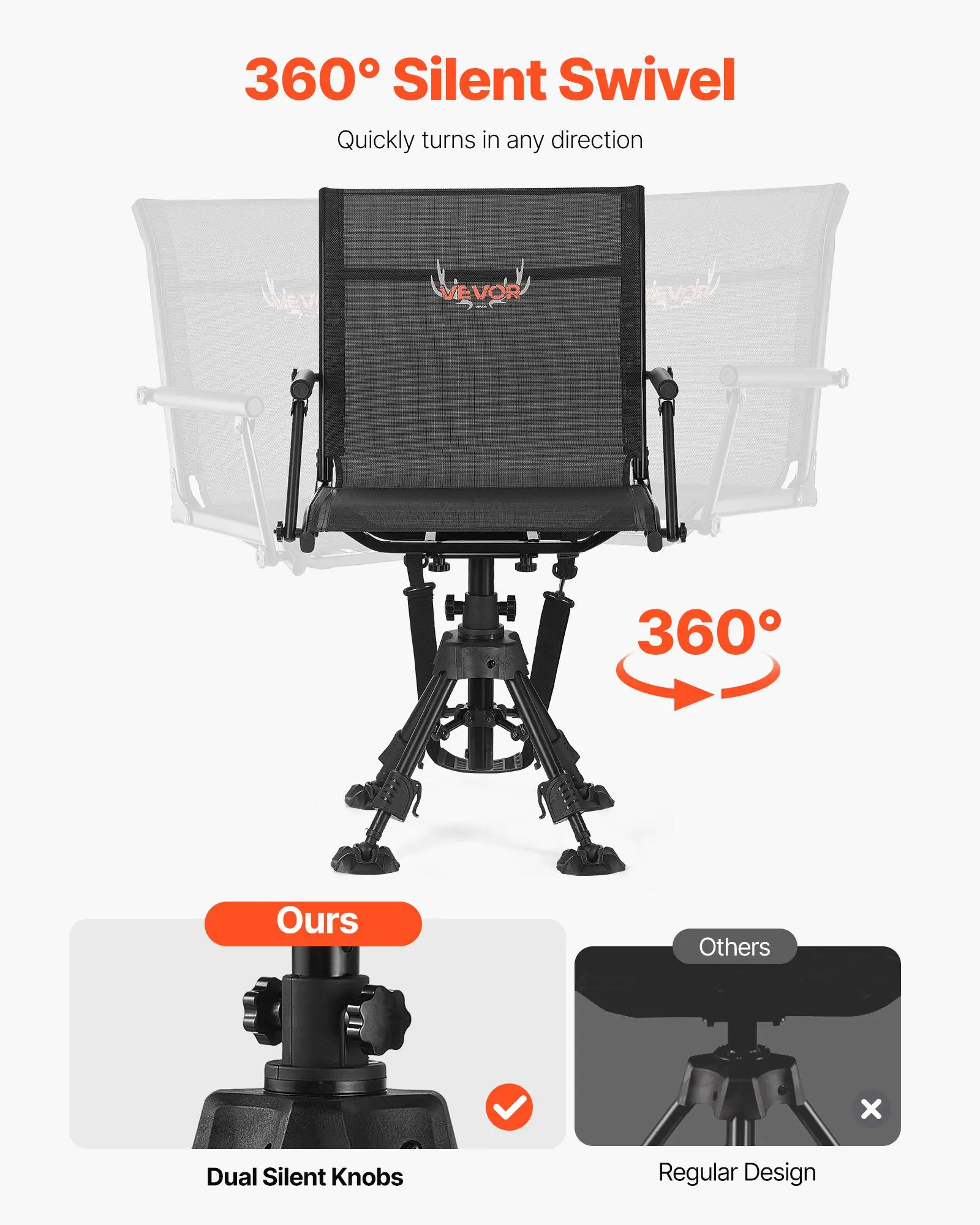 Silla de caza, giratoria silenciosa de 360°, plegable y portátil, con estructura de acero resistente, reposabrazos, patas antideslizantes, altura ajustable, capacidad de 159 kg (350 lbs) para pesca y acampada.