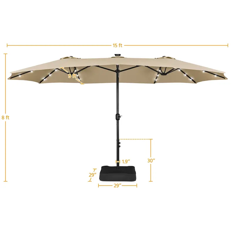 【Regalo para el Día de la Madre】 Sombrilla de Patio Grande de 15 pies — Sombrilla Rectangular de Doble Cara para Exteriores con 36 Luces LED y Manivela — Ideal para Patio, Jardín, Piscina y Césped — Base Incluida