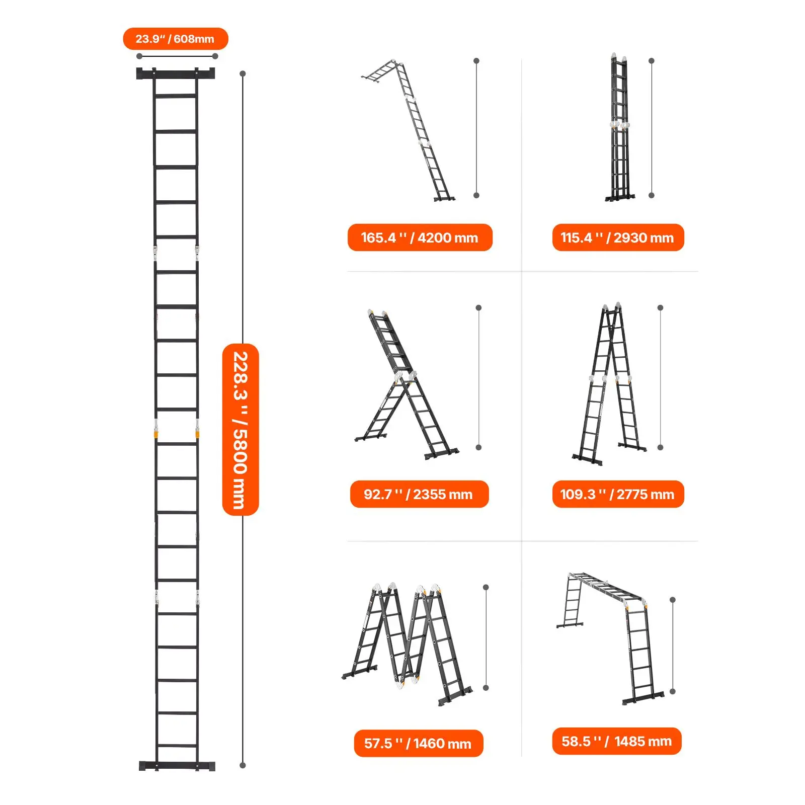 Escalera plegable multiusos, escalera extensible alta 7 en 1, escalera telescópica de 5 peldaños con estructura en A, escalera ajustable de alta resistencia con alcance de 5,8 m (19 pies), capacidad de 150 kg (330 lbs) para uso doméstico y exterior.