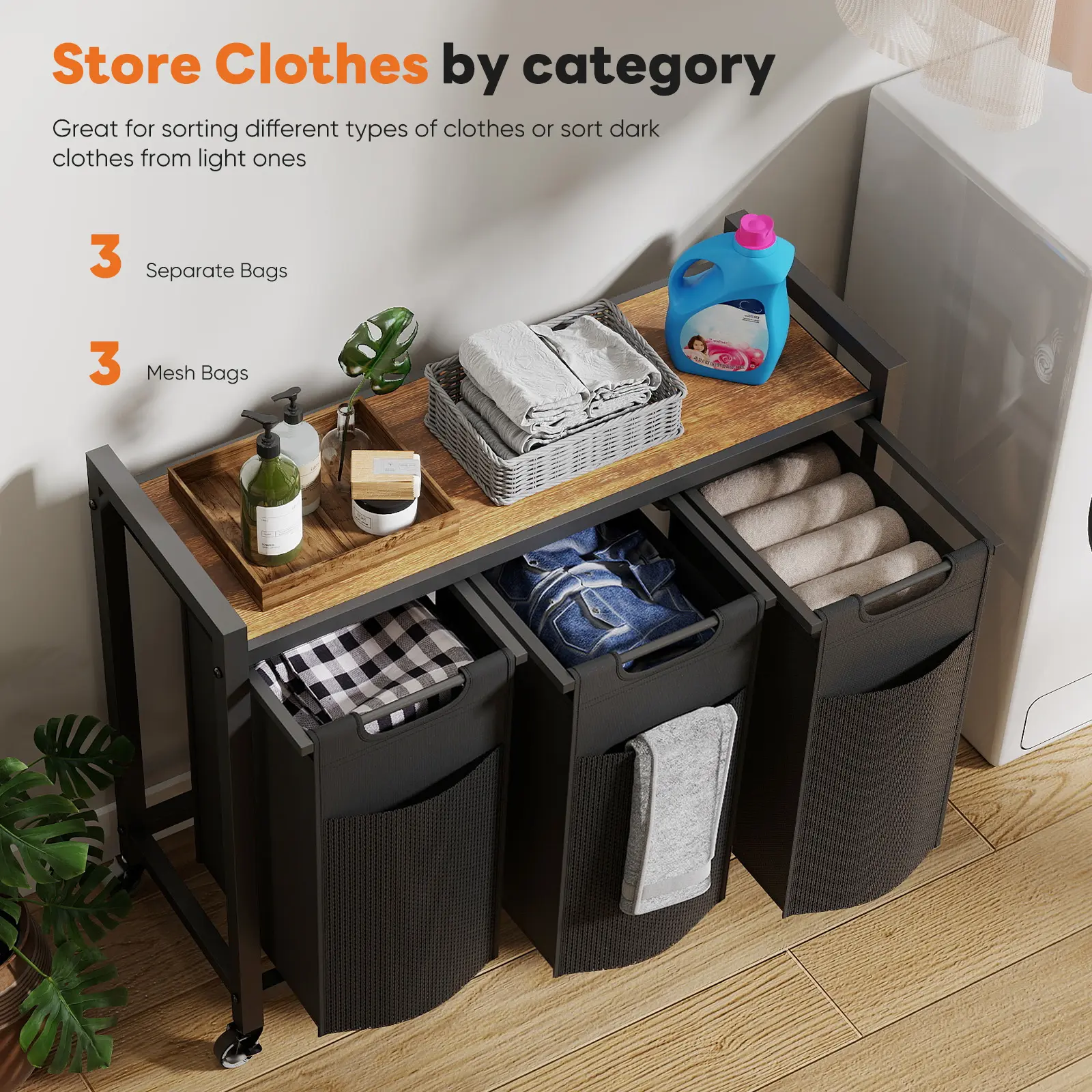 Cesto de ropa rodante con bolsa extraíble, organizador de ropa independiente con ruedas para dormitorio y baño.