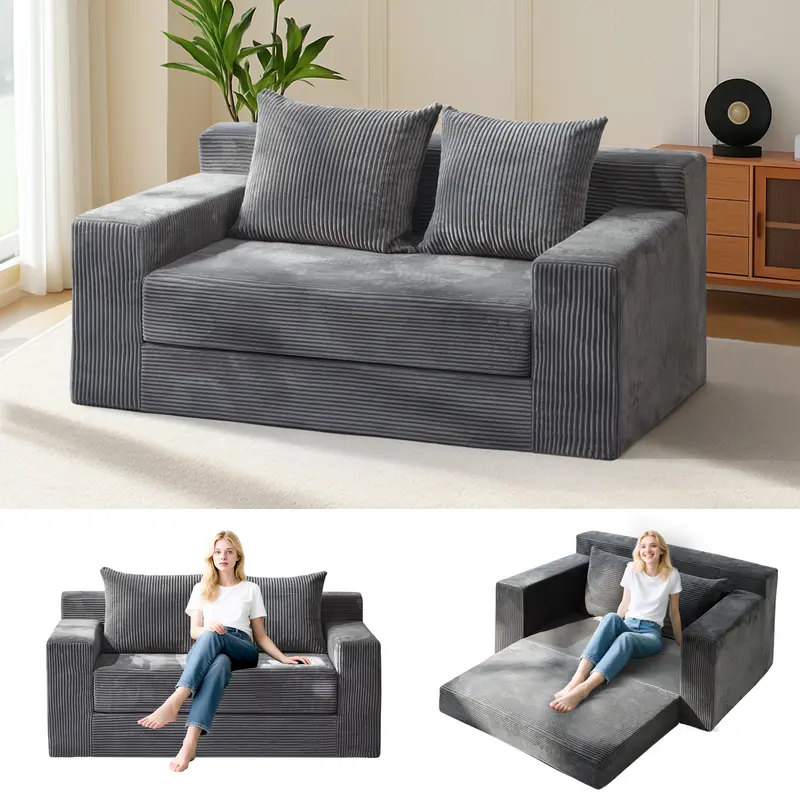 Sofá cama convertible 3 en 1, sofá individual extragrande/sofá de dos plazas, chaise longue plegable, futón cama con 4 almohadas para sala de estar.