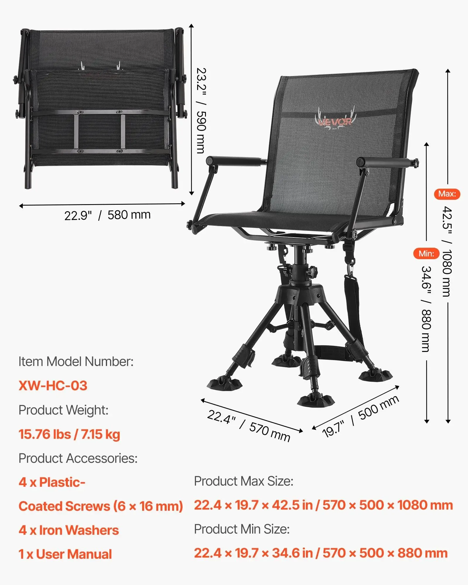Silla de caza, giratoria silenciosa de 360°, plegable y portátil, con estructura de acero resistente, reposabrazos, patas antideslizantes, altura ajustable, capacidad de 159 kg (350 lbs) para pesca y acampada.