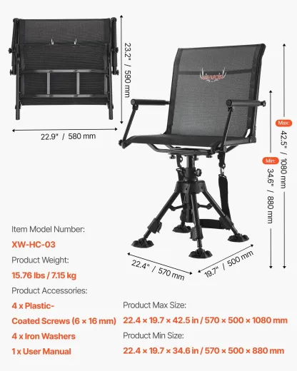 Silla de caza, giratoria silenciosa de 360°, plegable y portátil, con estructura de acero resistente, reposabrazos, patas antideslizantes, altura ajustable, capacidad de 159 kg (350 lbs) para pesca y acampada.