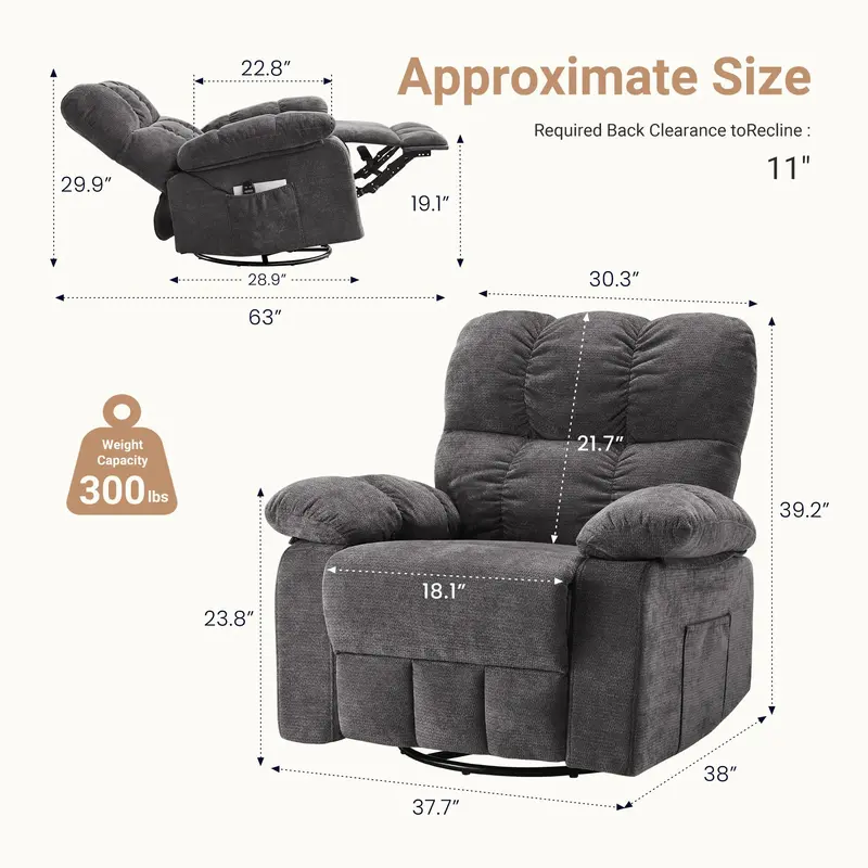 Sillón reclinable mecedor y giratorio con masaje vibratorio y calefacción lumbar; sillón de tela de chenilla con rotación de 270° y reposapiés, ideal para sala de estar y dormitorio.