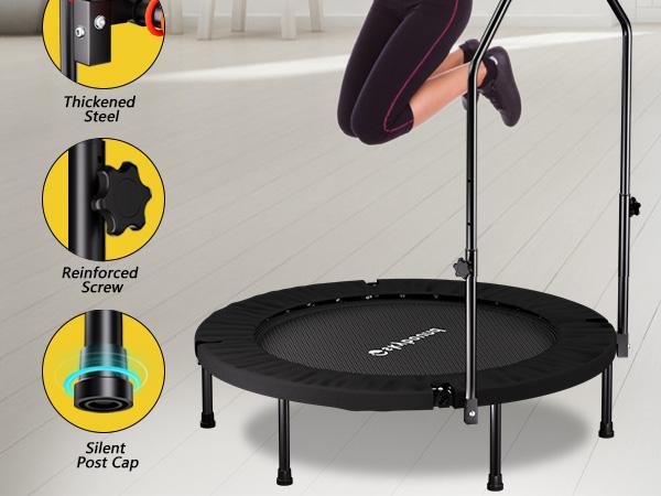 SkyBound 600 LBS Tested Foldable Mini Trampoline, 40'' Fitness Rebounder with Springs/Bungees, Foldable Mini Trampoline with Bungees/Springs，Adjustable U-Bar Handle, Stable Quiet Indoor/Outdoor Exercise Equipment Home Gym Kit