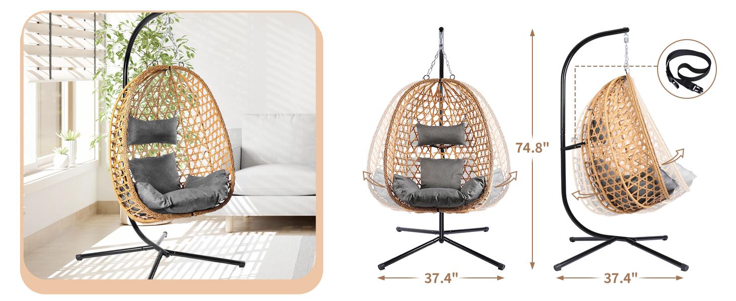 Egg Patio Swing Chair &ndash; Wicker Design, Perfect for Indoor and Outdoor Use, Supports Up to 350LB, Includes Cushion for Extra Comfort,Summervibes