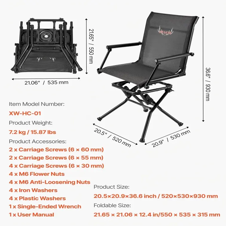 Silla de caza, giratoria silenciosa de 360°, plegable y portátil, con estructura de acero resistente, reposabrazos, patas antideslizantes, altura ajustable, capacidad de 159 kg (350 lbs) para pesca y acampada.