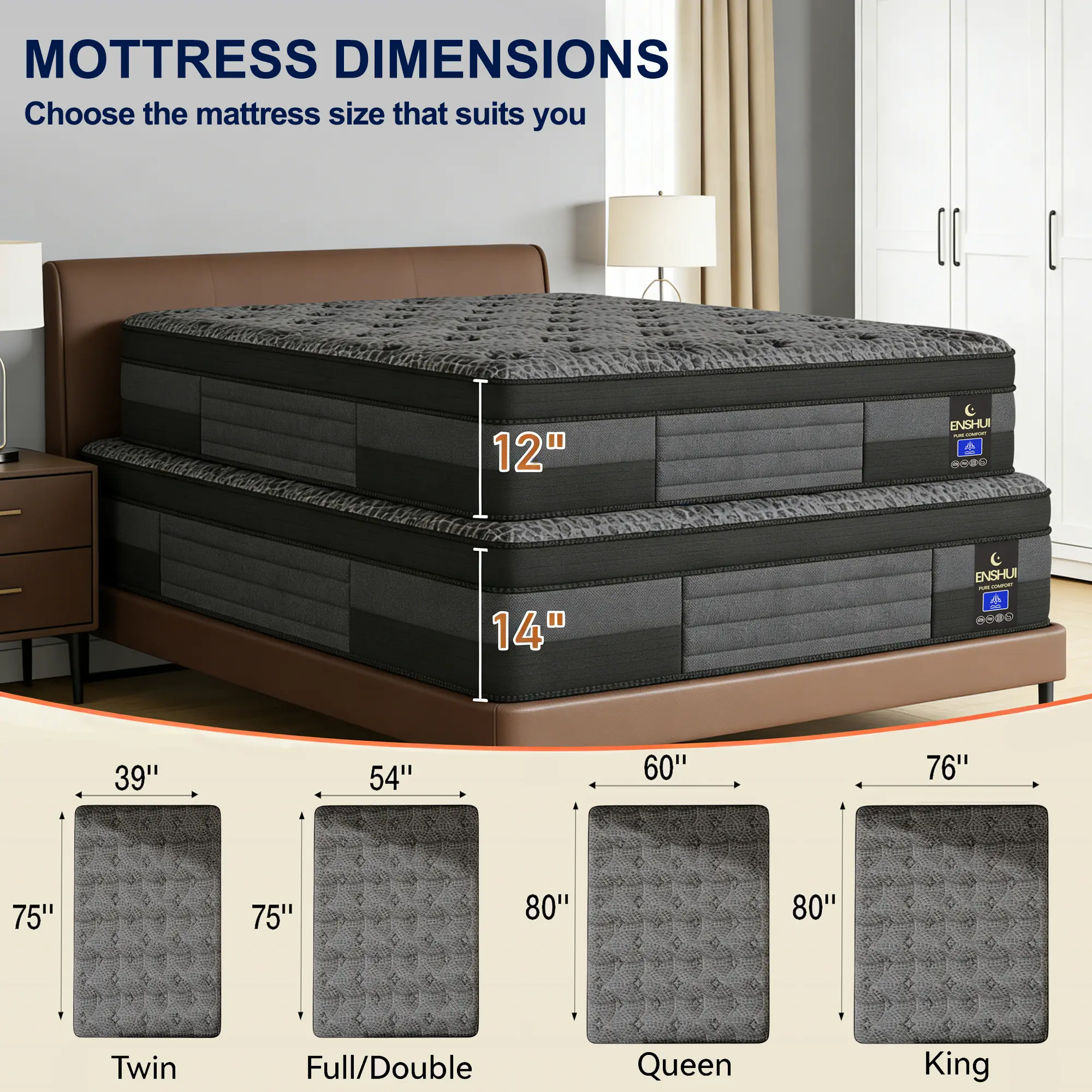 Colchón híbrido de firmeza media de 12/14 pulgadas, ergonómico, gris, en caja, de temperatura neutra, tamaños Queen y King, muebles modernos para dormitorios pequeños, hogar y hotel.