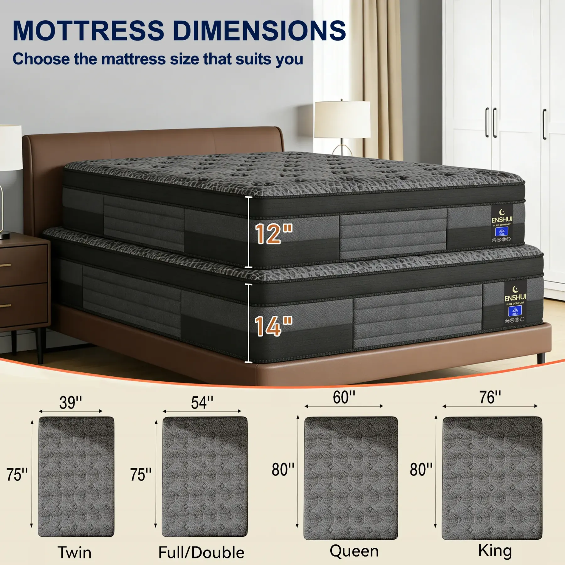 Colchón híbrido de firmeza media de 12/14 pulgadas, ergonómico, gris, en caja, de temperatura neutra, tamaños Queen y King, muebles modernos para dormitorios pequeños, hogar y hotel.