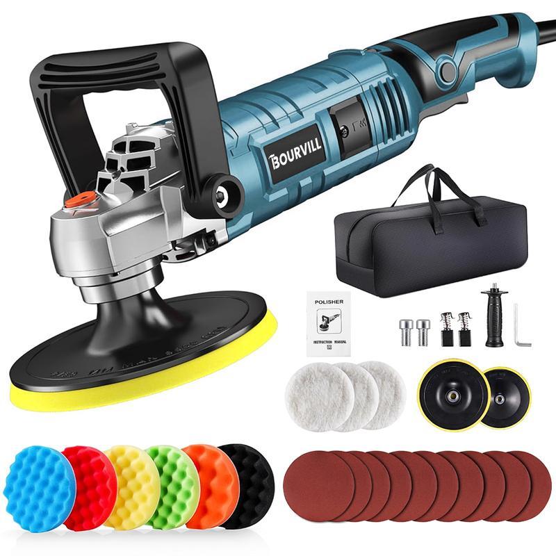 【SummerVibes】Pulidora-Enceradora Rotativa de 1600 W y 7 Pulgadas — 7 Velocidades Variables (500-3300 RPM) — Mango Desmontable — Kit de Herramientas en Maletín para Lijado, Pulido y Encerado de Automóviles y Embarcaciones