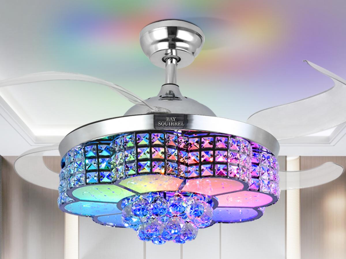 BAYSQUIRREL Retractable Crystal Ceiling Fan with Speaker, Remote/APP Control, 6-Speed Reversible RGB Multicolored Light, Adjustable LEDs, Colorful Lights, Color Changing Nightlight, Room Decor Gift