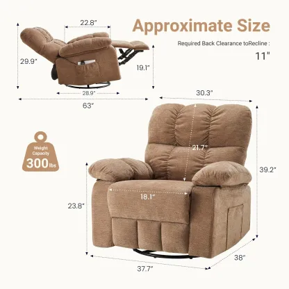 Sillón reclinable mecedor y giratorio con masaje vibratorio y calefacción lumbar; sillón de tela de chenilla con rotación de 270° y reposapiés, ideal para sala de estar y dormitorio.