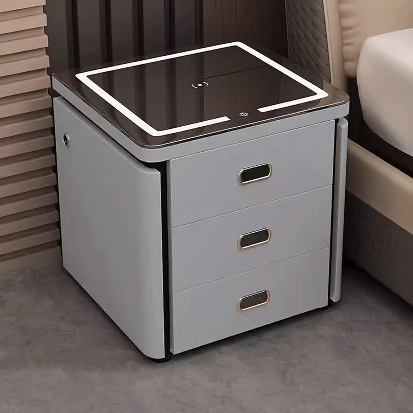 Mesita de noche LED, carga de doble cara, ajuste de luz de tres colores, almacenamiento de gran capacidad, rieles deslizantes silenciosos, no requiere instalación, para uso en el dormitorio (color: blanco, tamaño: A_40 * 40 * 52)