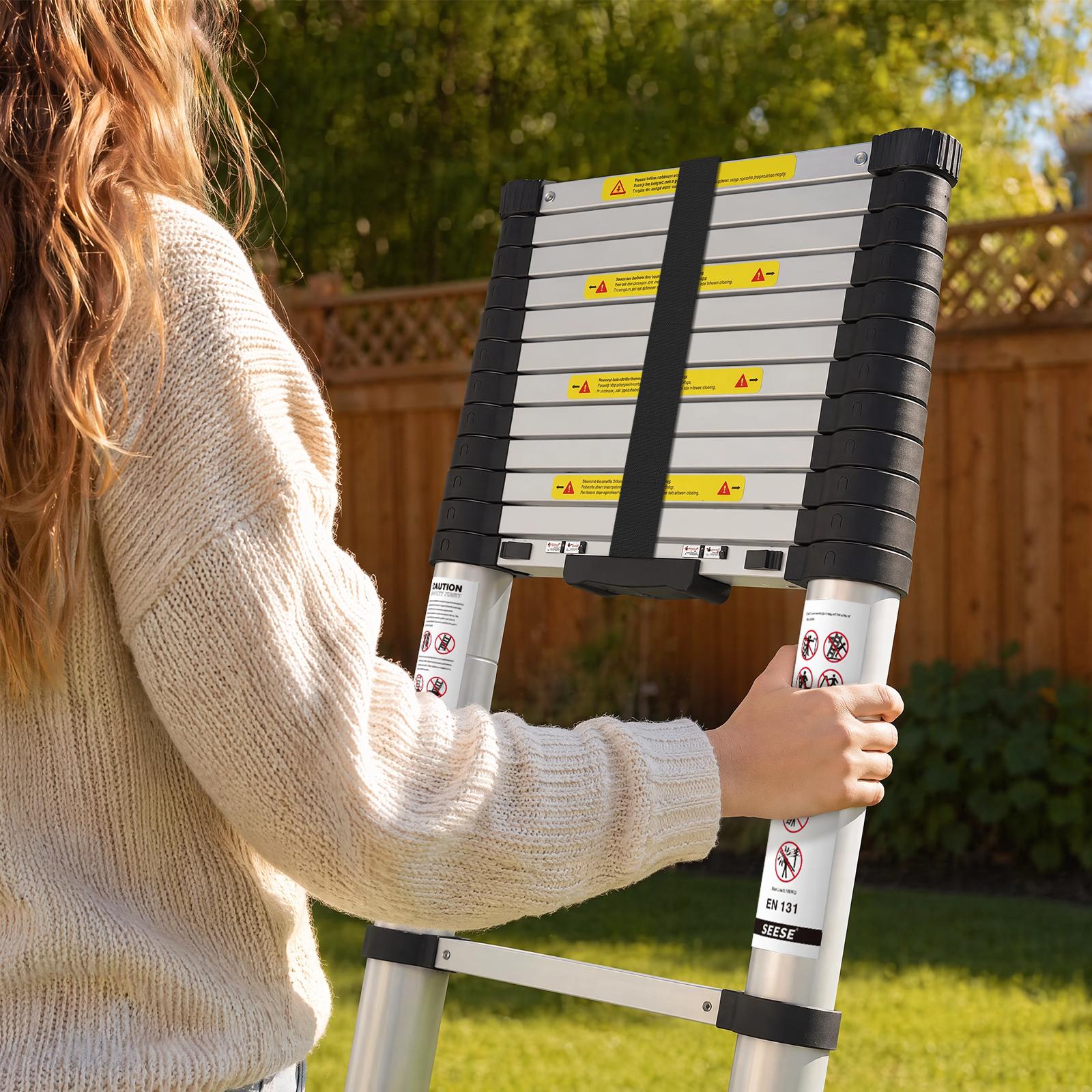 SEESE 12.5 FT Telescoping Ladder, Aluminum Telescopic Extension Ladder 330 lbs, One-Touch Retractable Compact Portable Ladder with Non-Slip Rubber Feet for Home, RV, Loft & Household Use backtoschool