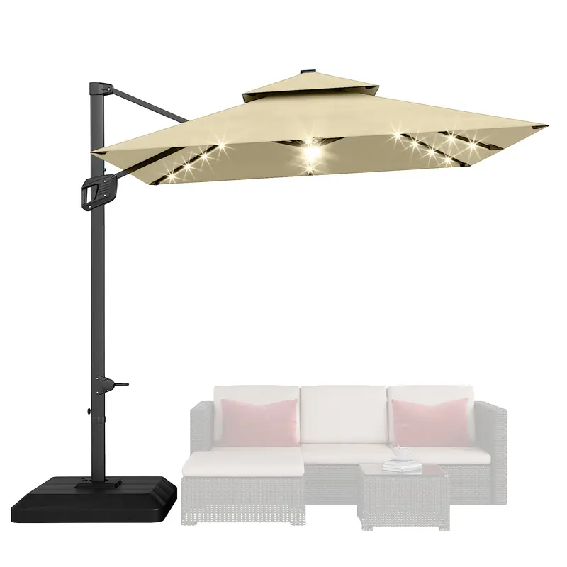 Sombrilla de patio cuadrada y resistente de 10 pies (3 metros) con diseño voladizo de dos niveles, estructura de aluminio, luces LED solares, rotación de 360° y base lastrada; ideal para sombra en jardines, terrazas y piscinas.